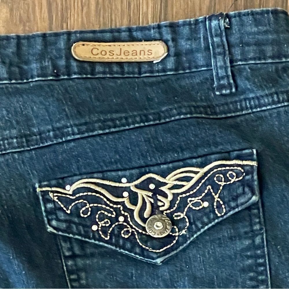 Vintage Y2K COS Cosmopolitan Jeans Stretchy Jeans Blue With Gold Embroidery 20W - Picture 12 of 13